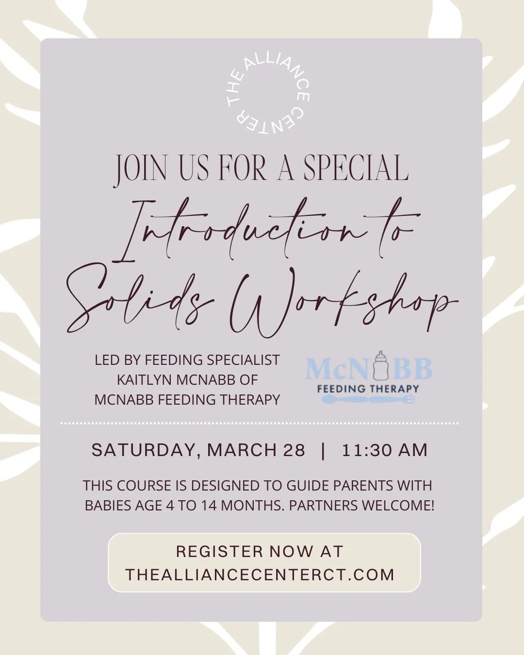 Starting your baby on solids shouldn&rsquo;t feel like a guessing game.

If you&rsquo;re teetering between &ldquo;Are they ready?&rdquo; and &ldquo;Am I doing this right?&rdquo;&nbsp;our next special workshop is for you.

Join feeding specialist Kait