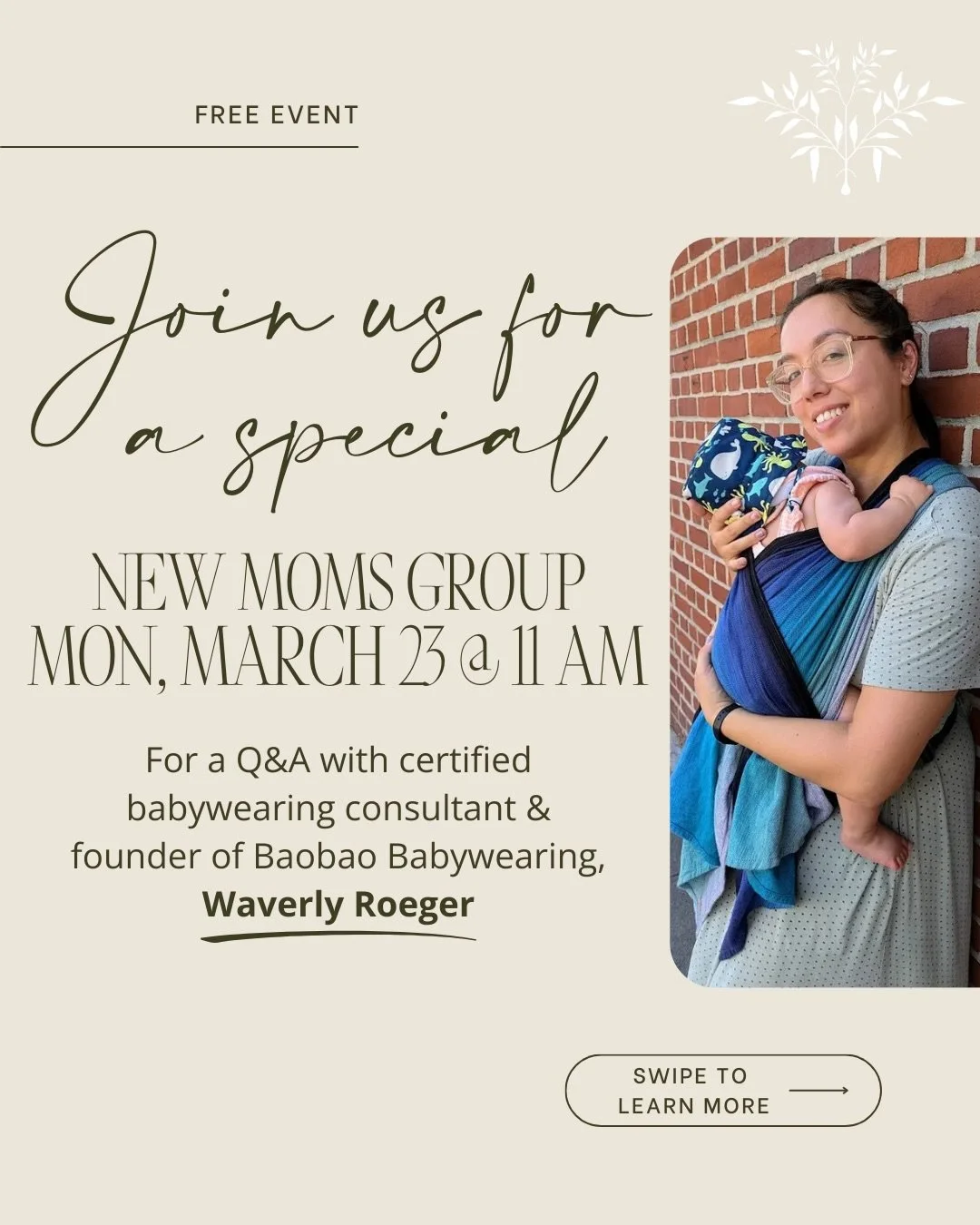 No one really teaches you how to actually wear your baby... but once you know, it can change everything 🤍

Join us for our New Moms Group on Monday, March 23, at 11 AM with special guest Waverly Roeger, certified babywearing consultant and founder o