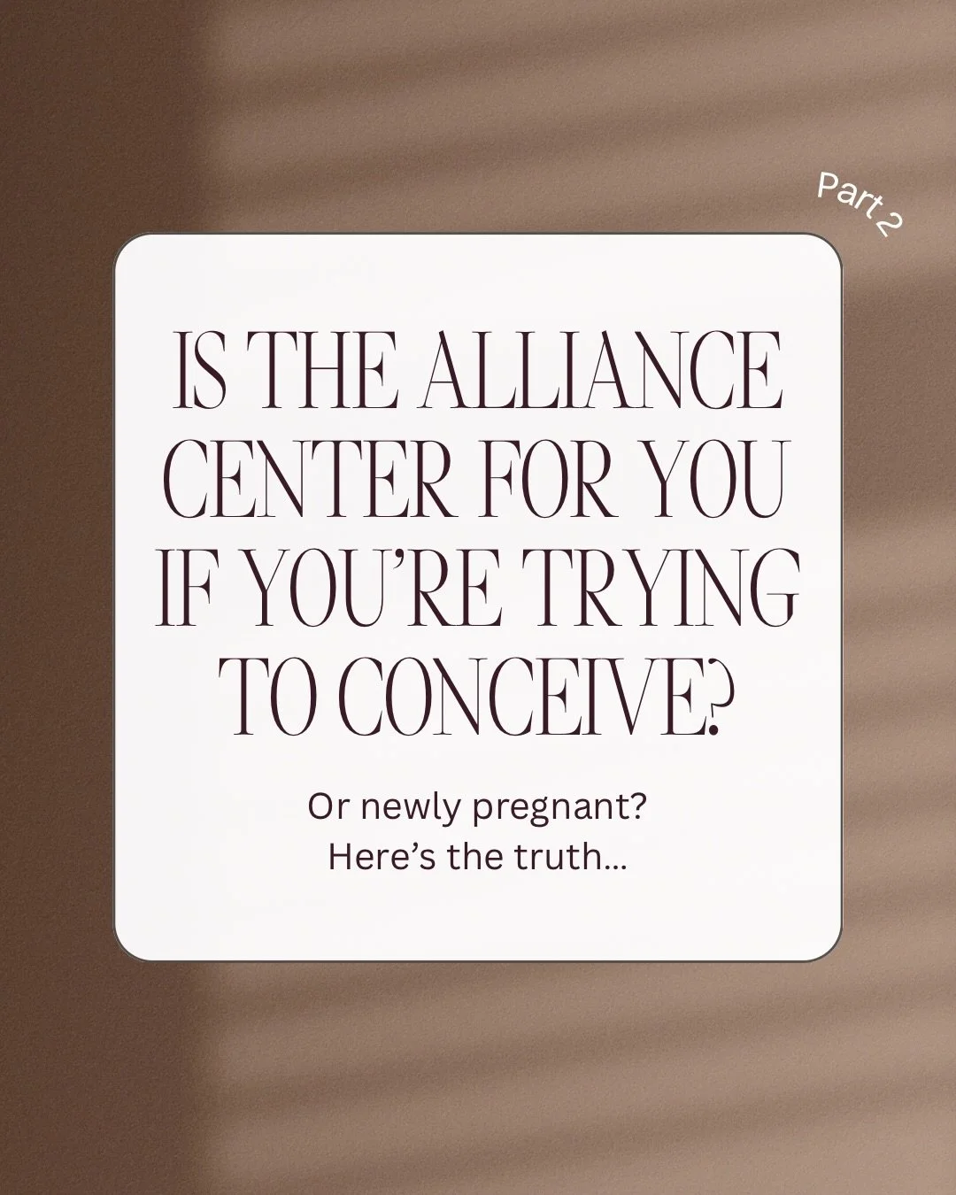 Honestly? We wish we could shout this from the rooftops: If you&rsquo;re trying to conceive, newly pregnant, or even just beginning to consider expanding your family, start coming in to The Alliance Center now. 

Beginning individual or group therapy