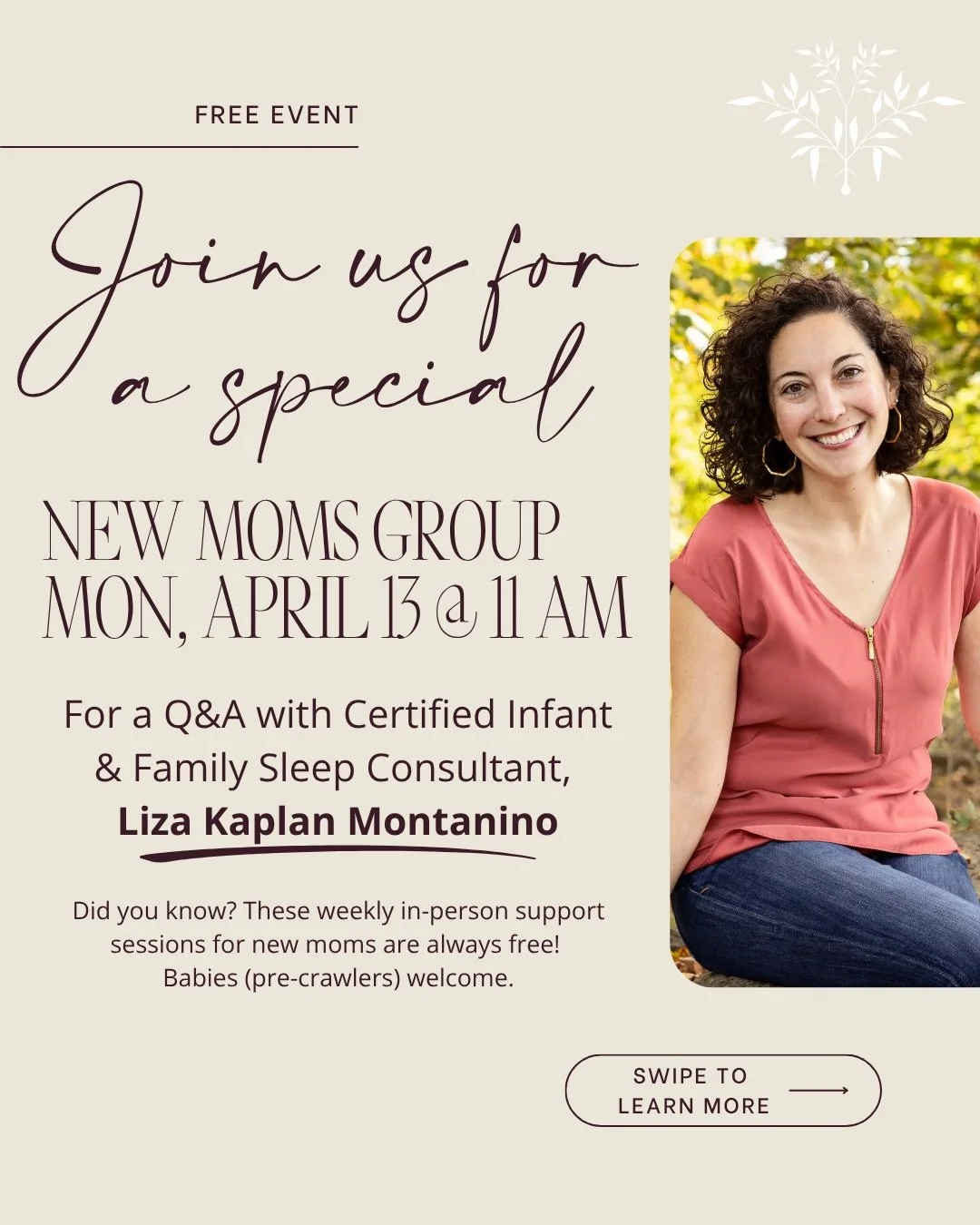 New moms, let&rsquo;s catch up&mdash;and catch more Zzz&rsquo;s&mdash;together. 😴

Join us for our FREE New Moms Group with Liza Kaplan Montanino (@liza_rockabyebabysleep), a certified infant &amp; family sleep consultant and the founder of Rock-a-B