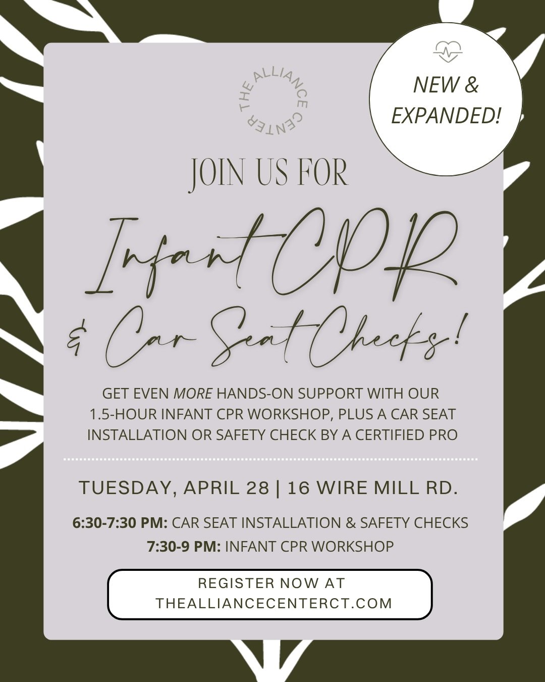 Our next Infant CPR Workshop on Tuesday, April 28, now includes an optional hands-on car seat installation or safety check with a certified professional, so you can rest easy that your baby is safe at home and on the go.

Here are the full details: 
