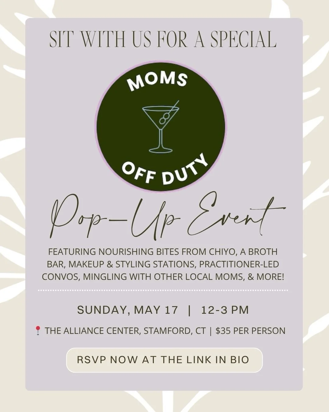 You&rsquo;re invited! 🤩 We&rsquo;re partnering with @wearechiyo to host a special Mother&rsquo;s Day pop-up event in Stamford at The Alliance Center!

Join us on Sunday, May 17, from 12-3 PM, for nourishing bites, a broth bar, makeup and styling sta
