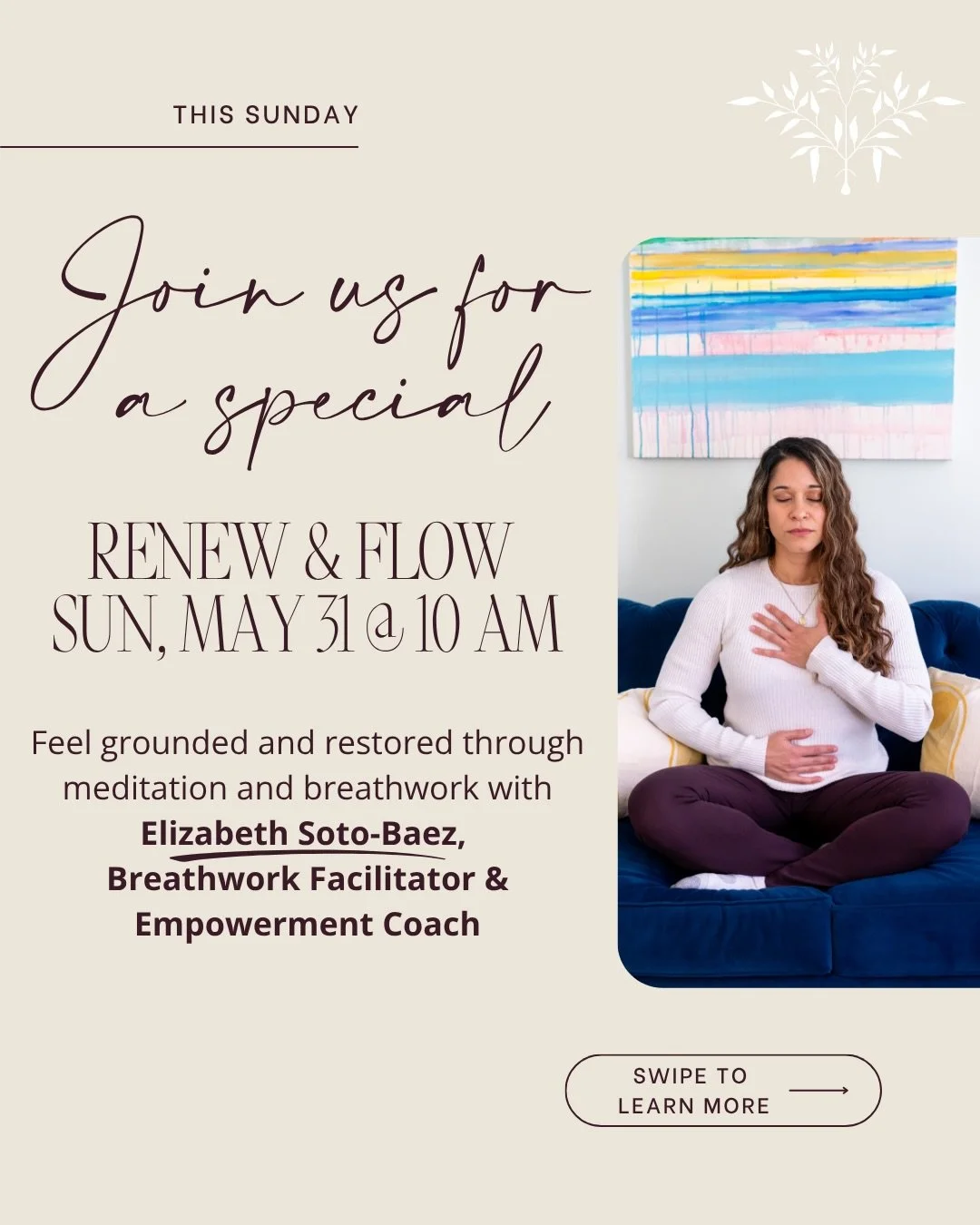 This Sunday&rsquo;s Renew &amp; Flow is a chance to slow down, reset, and reconnect before a new week begins.

We&rsquo;re excited to welcome special guest Elizabeth Soto-Baez (@launch.your.life.coaching)&mdash;Women&rsquo;s Empowerment Coach, Trauma