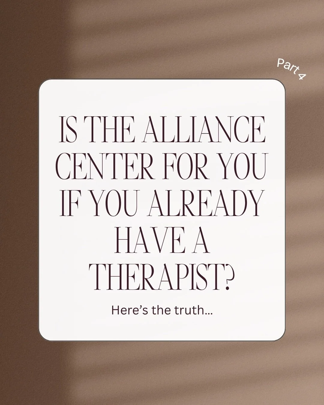 A common thing we hear is: &ldquo;But I already have a therapist.&rdquo; Amazing. Keep them. 💛

The Alliance Center isn&rsquo;t just for 1:1 therapy. We&rsquo;re also here to offer you:

&bull; community
&bull; coaching
&bull; support groups
&bull; 
