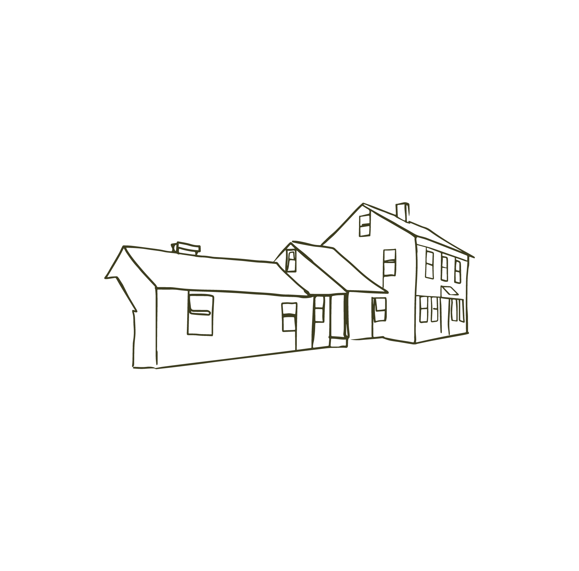 Line drawing of two houses with pitched roofs on a black background.