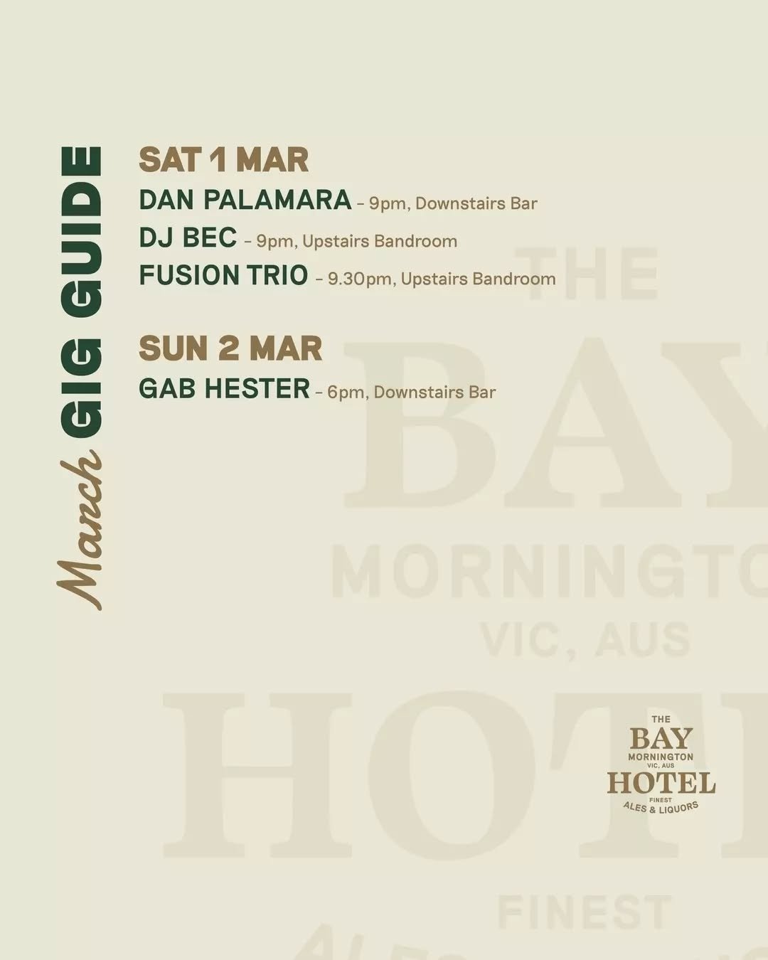 This month&rsquo;s gig guide&mdash;we&rsquo;ve got live tunes every Friday, Saturday and Sunday and free entry all weekend.

Here from 12pm till late daily. See you at the bar 🍻