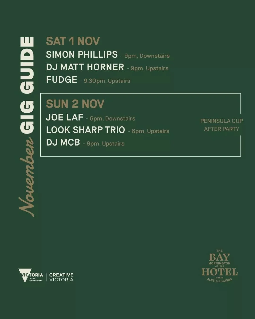 This month&rsquo;s gig guide&mdash;we&rsquo;ve got live tunes every Friday, Saturday and Sunday and free entry all weekend.

Here from 12pm till late daily. See you at the bar 🍻