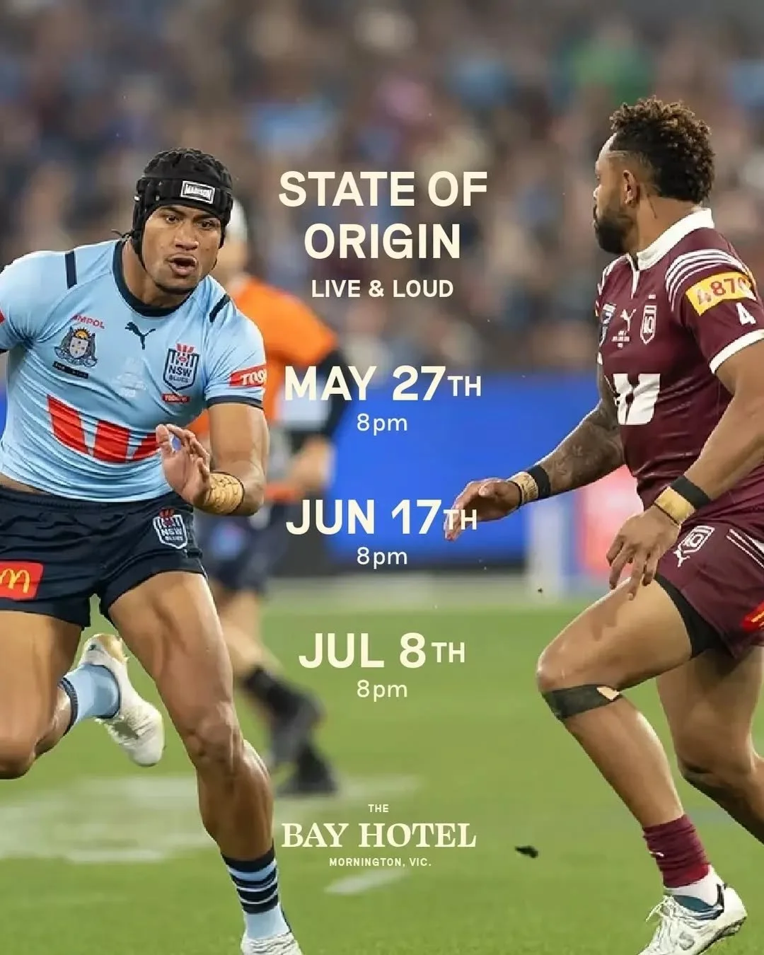 Watch the State Of Origin, games 1, 2 and 3 live at The Bay.

Happy Hour runs from 4-6pm and our Fish &amp; Chips special is just $25. 

Reservations appreciated, walk-ins welcome.