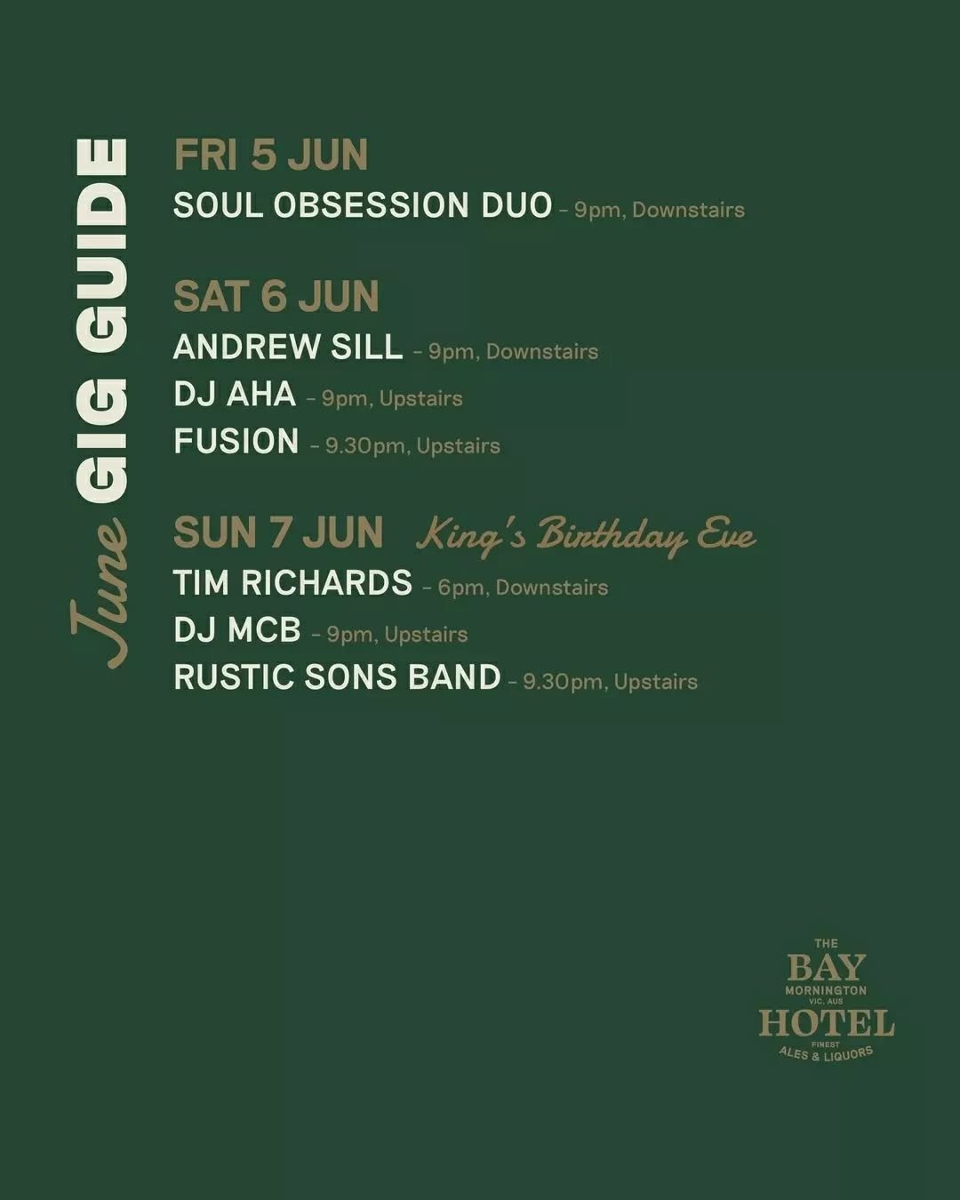 Our June Gig Guide.

Live music, every Friday, Saturday and Sunday at The Bay.