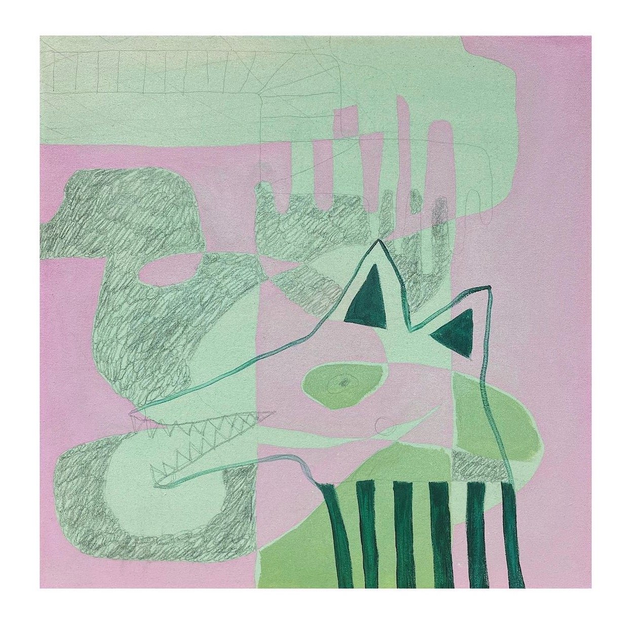 Horse is Hungry,
acrylic, pencil on canvas,
24 x 24 x 1.5",
2023