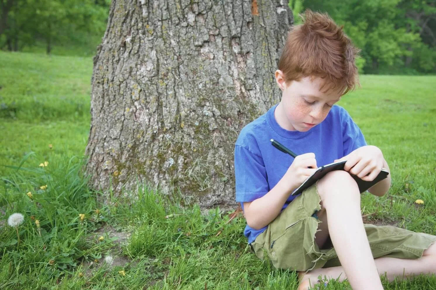 A young boy with red hair and freckles sitting on grass beside a large tree, writing or drawing in a small notebook with a pen.