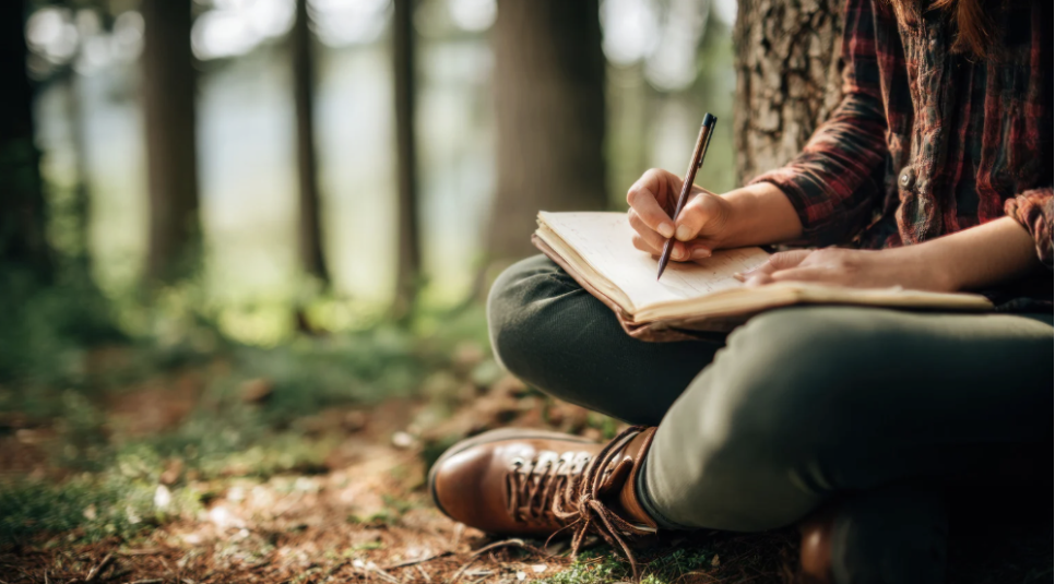 Person sitting cross-legged in a forest, writing in a notebook.