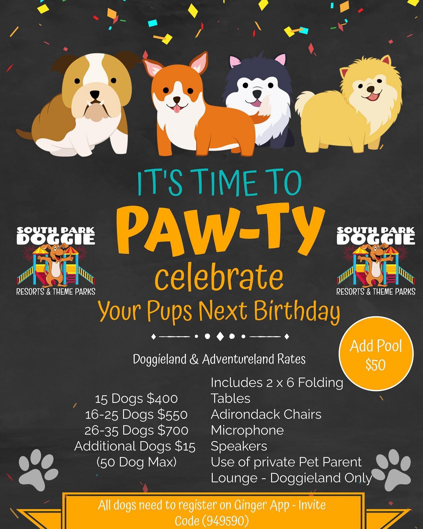 🎉PAW-TY🎉

🎈It&rsquo;s time to Paw-ty 🐾 Celebrate your pups next birthday in style at one of our select locations @southparkdoggie_doggieland @southparkdoggie_adventureland 

🎈Rates: 

🎊 15 Dogs $400
🎊16-25 Dogs $550
🎊26-35 Dogs $700
🎊Additio