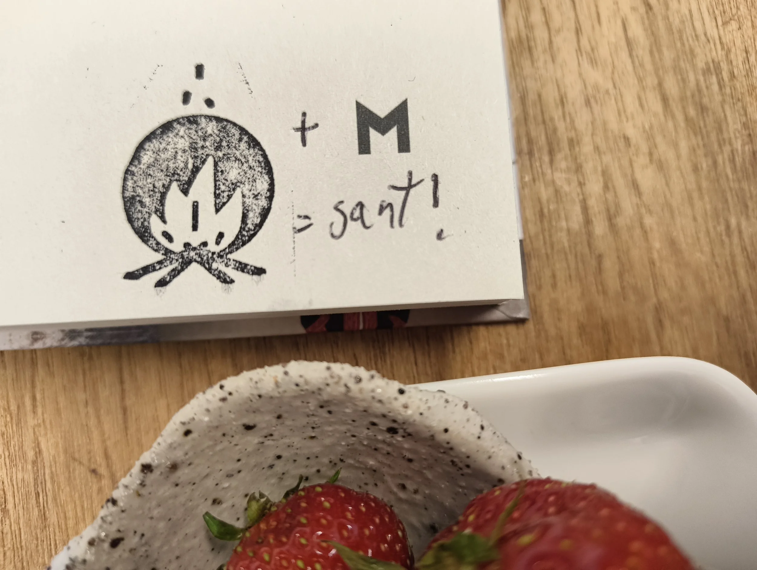 Ei bok ligg open med logoane til Leirbålet og Manifest, og påskriften L + M = sant! Boka ligg på ei bordplate ved sida av ei skål jordbær.