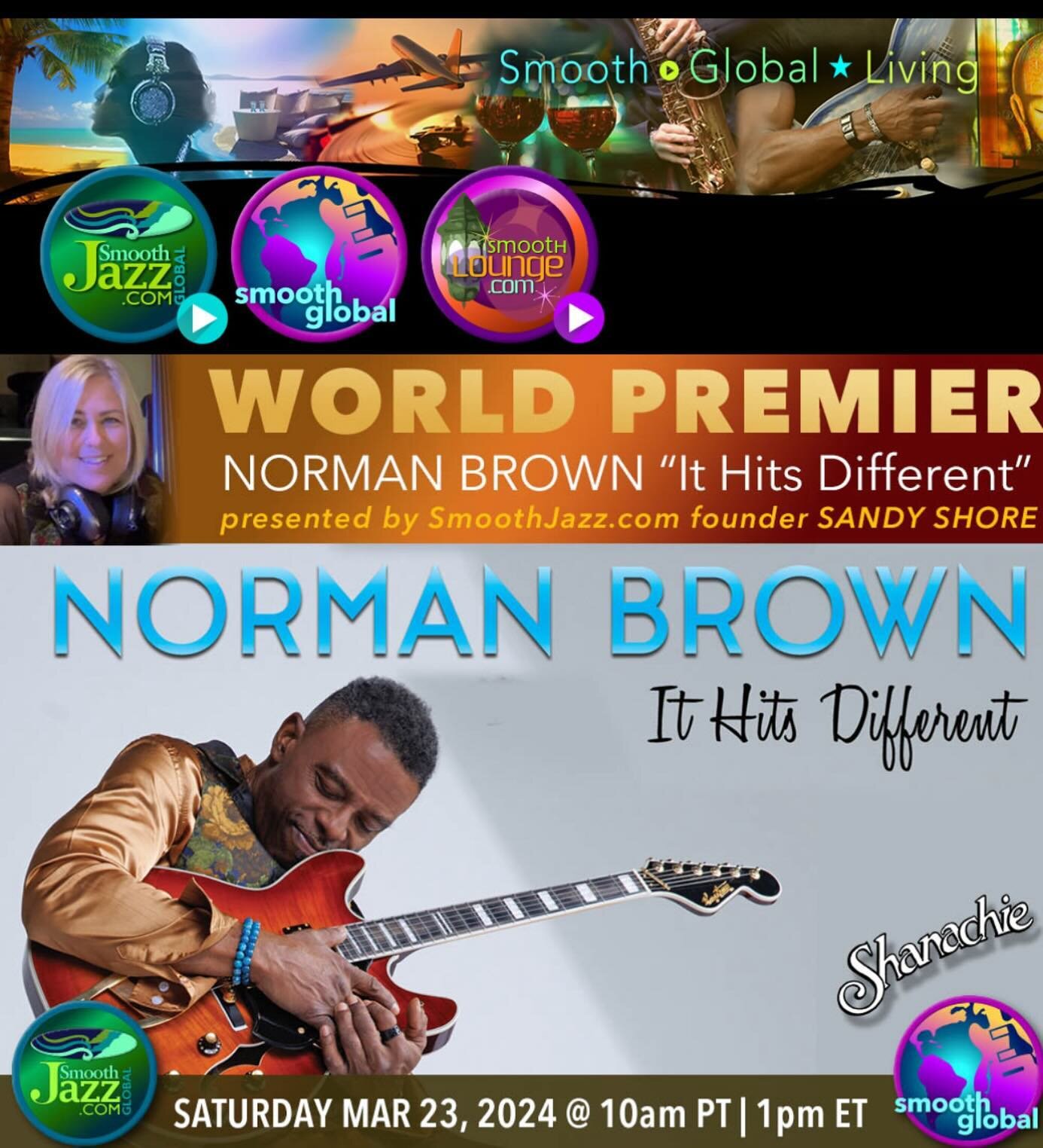 Check out the world premiere of @normanticmusic new project IT HITS DIFFERENT on @smoothjazzglobal this Saturday 3/23 at 10amPT/1pmET. Album available everywhere 3/29. Link in bio! @sandyshore #normanbrown #ithitsdifferent #smoothjazzglobalradio #sha