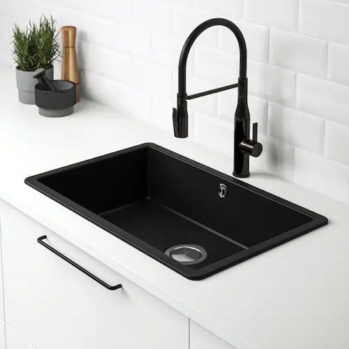 black sink on white worktop