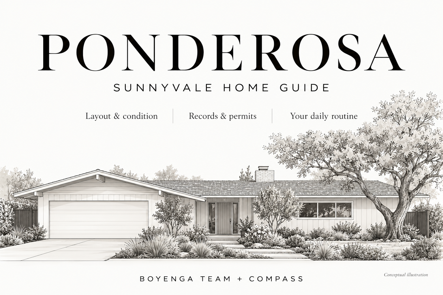 Ponderosa Sunnyvale home guide by Boyenga Team + Compass, with a conceptual ranch-home illustration