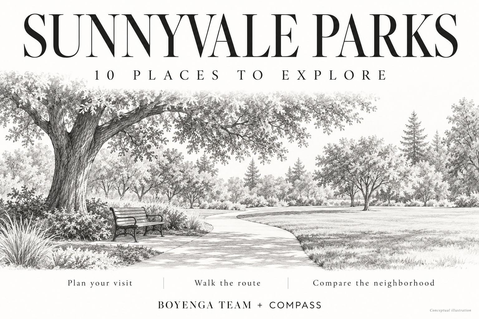 Conceptual park path, bench and shade trees for the Sunnyvale parks guide by Boyenga Team + Compass