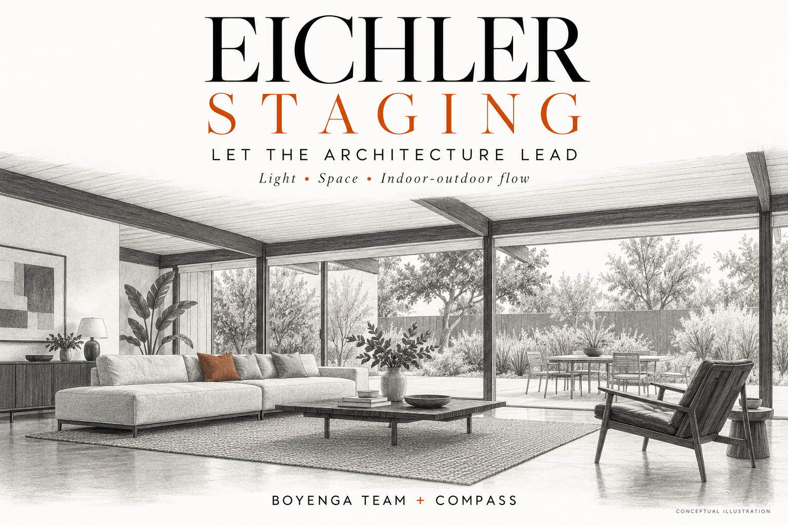 Conceptual Eichler staging illustration with low-profile furniture, exposed beams and glass walls; Boyenga Team + Compass.