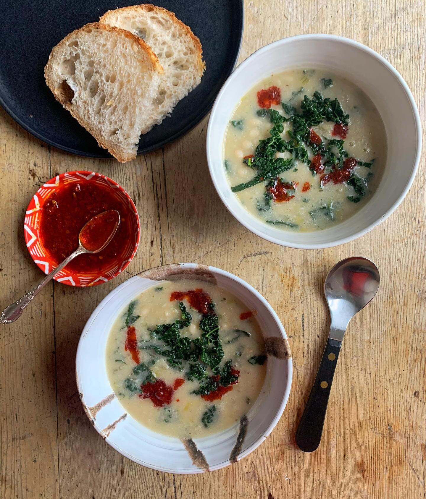 A lot of soup making and soup eating happening here this January - this is a nourishing white bean and kale soup for today&rsquo;s staff lunch. 

The haricot beans are cooked with lots of aromatics - thyme, garlic, celery, leeks and onions - and the 