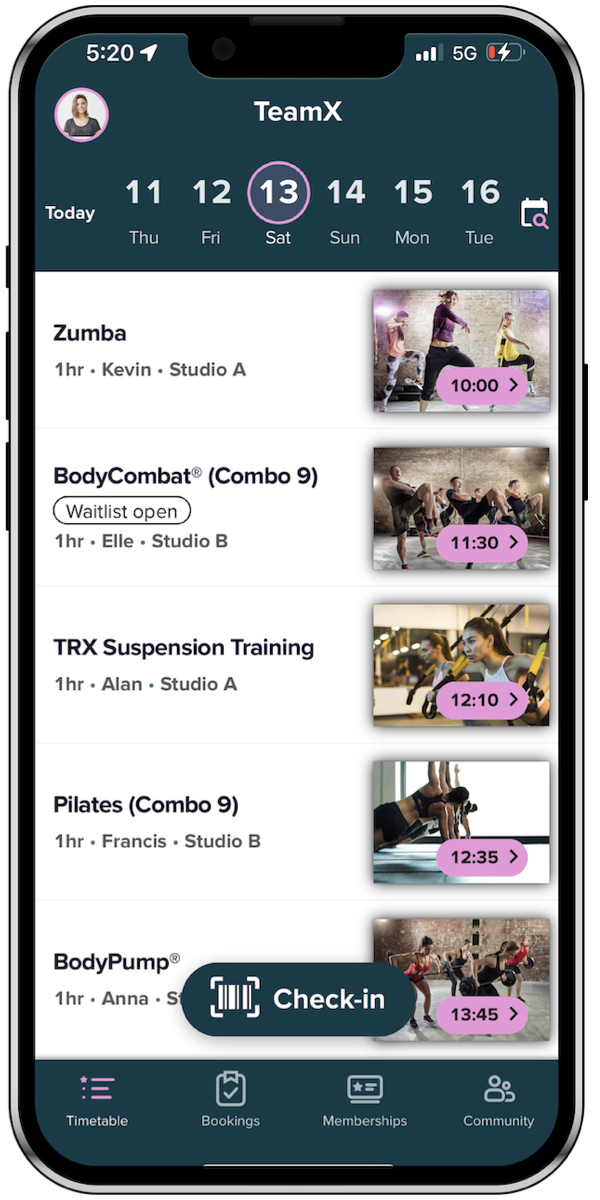 TeamX Taikoo booking app showing list of workout classes including Zumba, BodyCombat, TRX Suspension Training, Pilates, and BodyPump, each with duration, instructor, and studio details, and scheduled times.