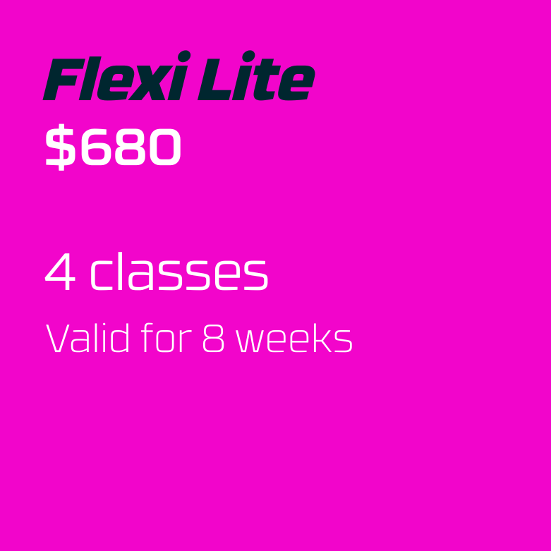 Pink background advertisement for Flexi Lite, priced at $680, offering 4 classes valid for 8 weeks.