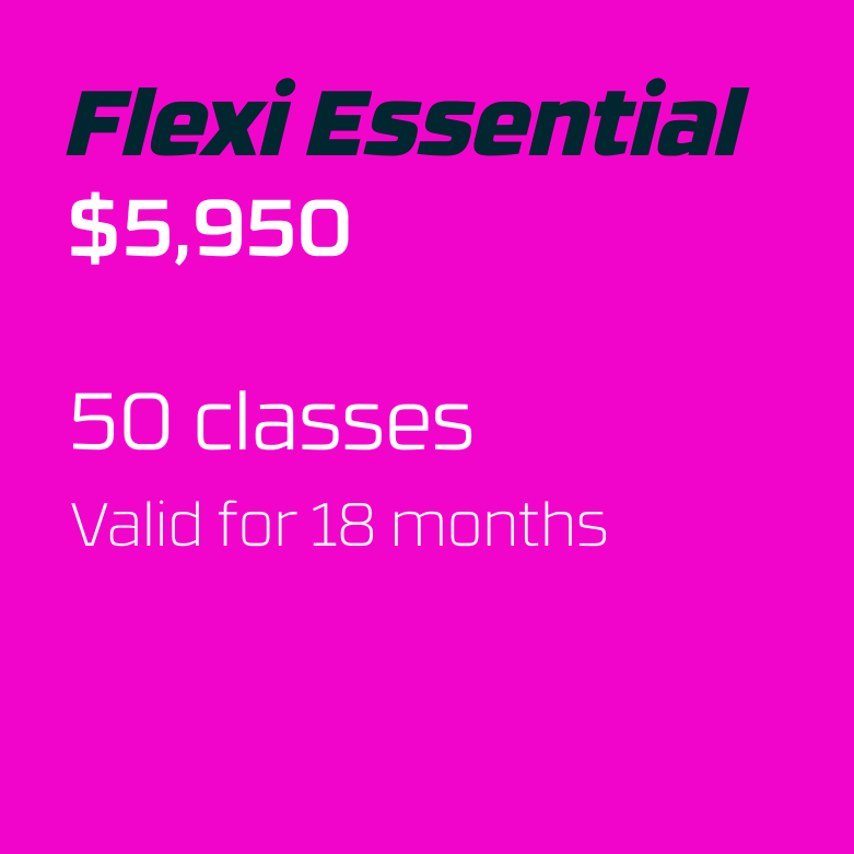 Pink background advertisement for Flexi Essential, priced at $5950, offering 50 classes valid for 18 months.