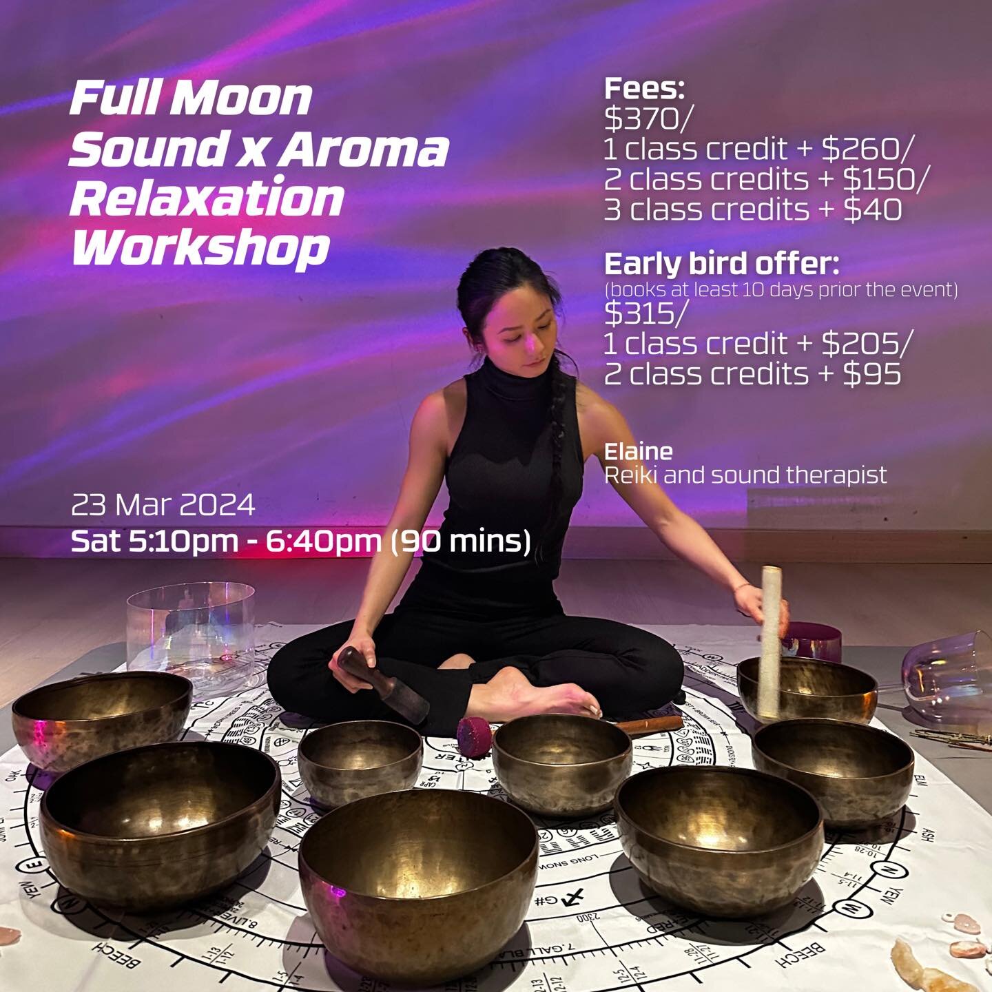 90 minutes workshop of immersive experience with sound bath and aromatherapy brought to you by our professional Reiki and sound therapist Elaine.  The frequency produced by singing bowls are able to harmonise your body and restore your brainwaves, he