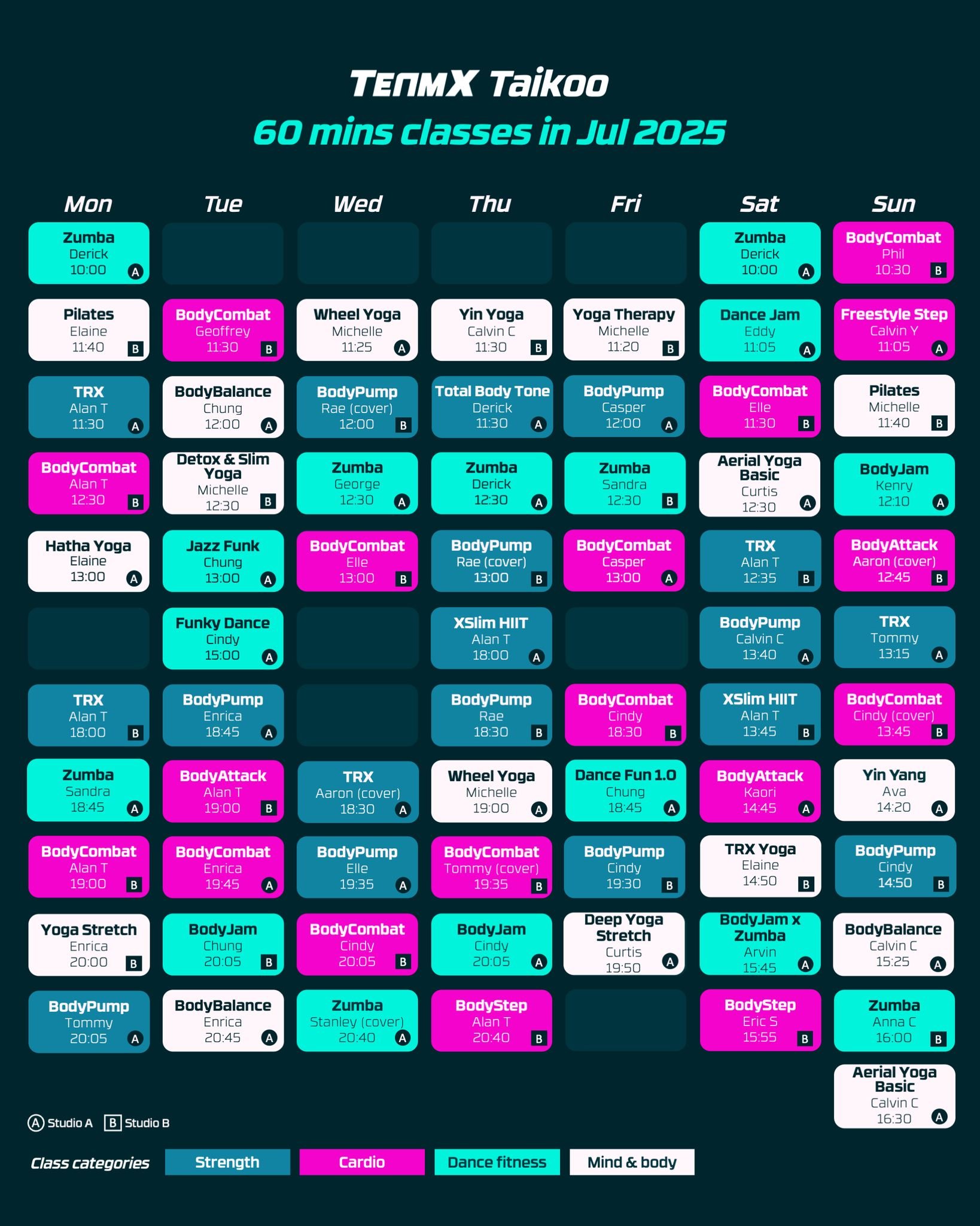 🎶 July Timetable is Here! 🎶
Get ready to dance, lift, and sweat this month at Taikoo and Art Piece! 💃✨

🔥 Friday Highlights at Art Piece (6:30 PM):
- Dionina and Jesse will take turns to bring the best beats and moves! 🎵
- If you&rsquo;re into t
