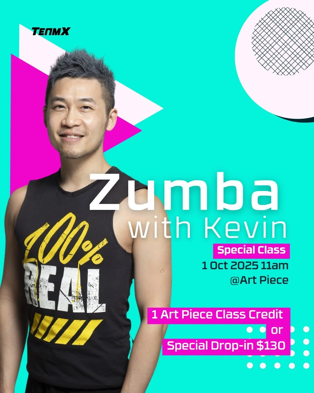 🔥 Zumba with Kevin &ndash; Special Class Alert! 🔥
This 1 Oct 2025 at 11am, join Kevin for an energizing and fun-filled Zumba class at Art Piece! 💃🎶

✨ Open to Everyone!
- Art Piece Package Holders: Use 1 class credit
- Non-Members: Join at a spec