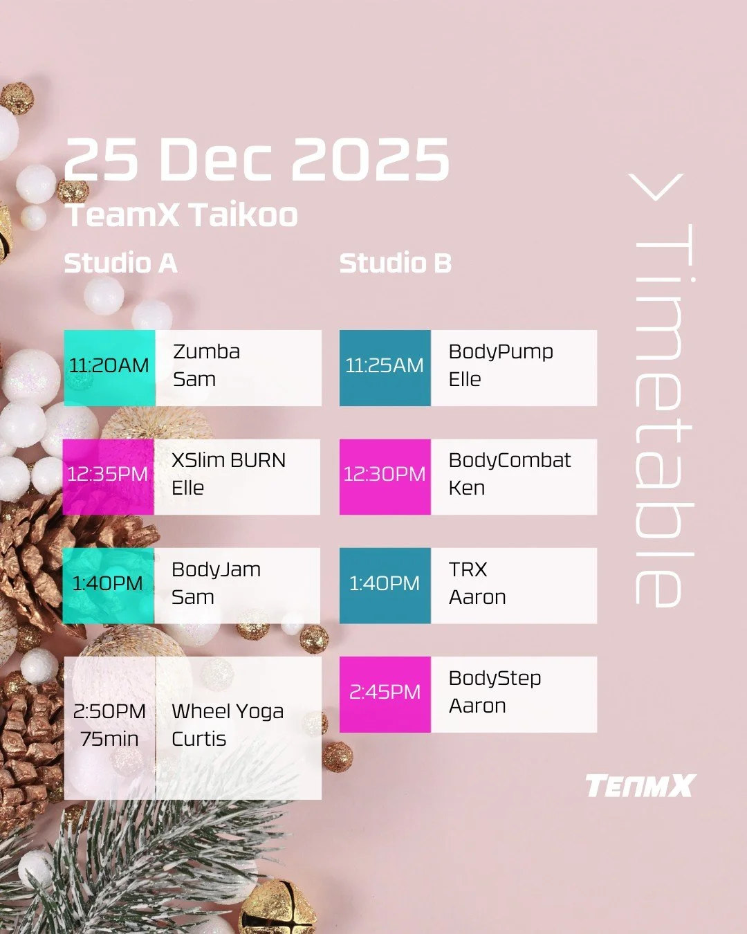 🎄 SPECIAL CHRISTMAS HOLIDAY CLASS SCHEDULE! 🎄
Get ready for an amazing festive lineup! We've prepared something special with your favorite instructors for the holidays! ✨

🔥 WELCOME BACK:
✅ Ken returns to Taikoo! He's teaching BodyCombat on Dec 25