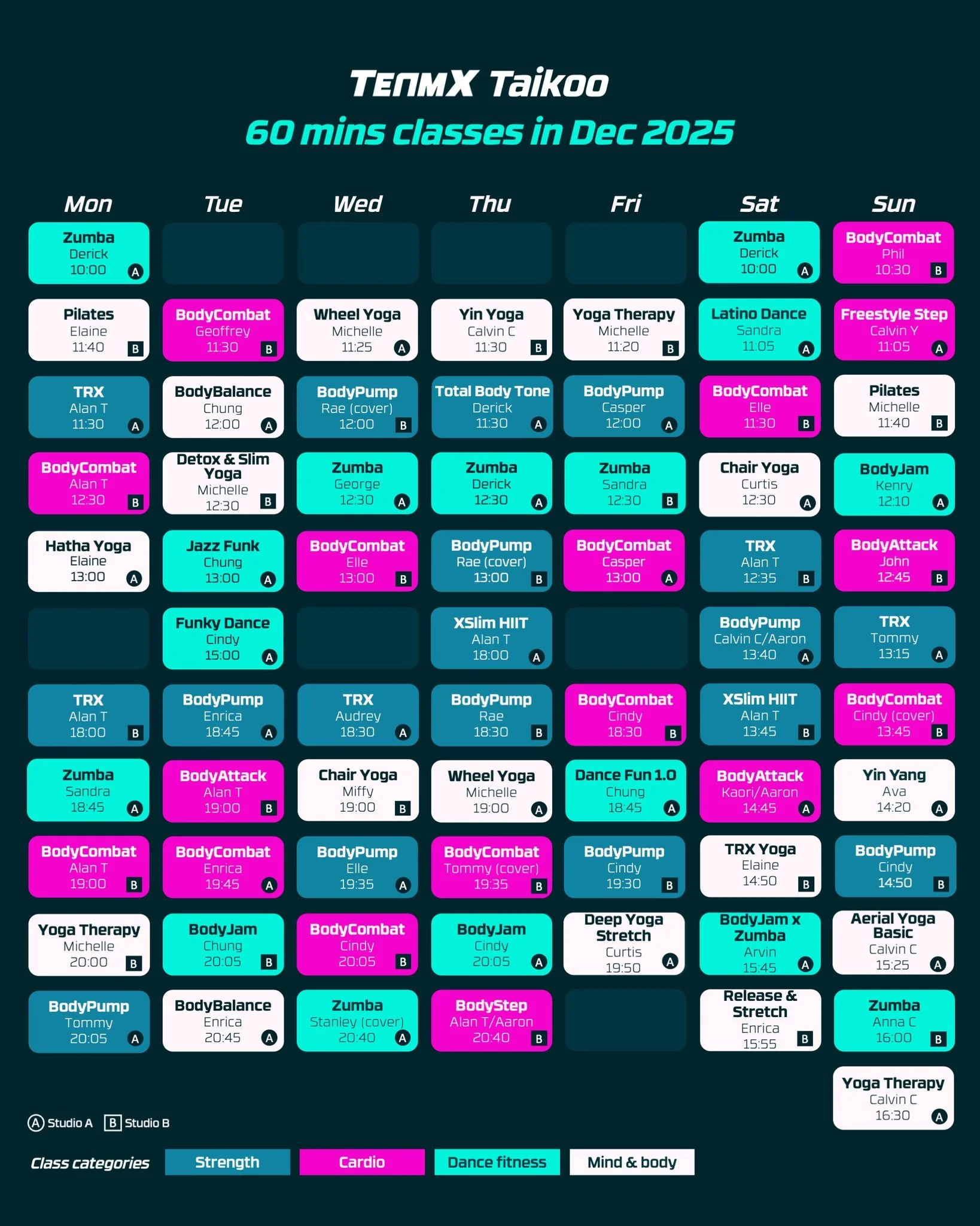 🎉 DECEMBER TIMETABLE! 🎉
Exciting news for all our dance lovers! We're bringing you an incredible new addition! 💃✨

🆕 NEW CLASS ALERT: Latino Dance with Sandra @bloombysandrarojas !
📅 Every Saturday 11:05am @ Taikoo Studio
🎶 Experience authentic