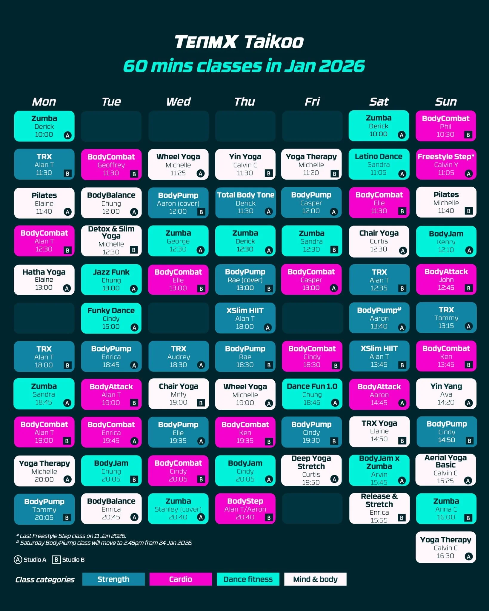 📅 JANUARY 2026 TIMETABLE IS LIVE! 📅
New year, new energy, and some exciting updates to fuel your fitness journey! 🚀

🌟 ART PIECE UPDATE
Mark your calendars - AVIS is taking over Saturday BODYPUMP starting Jan 17!
If you've been missing her signat