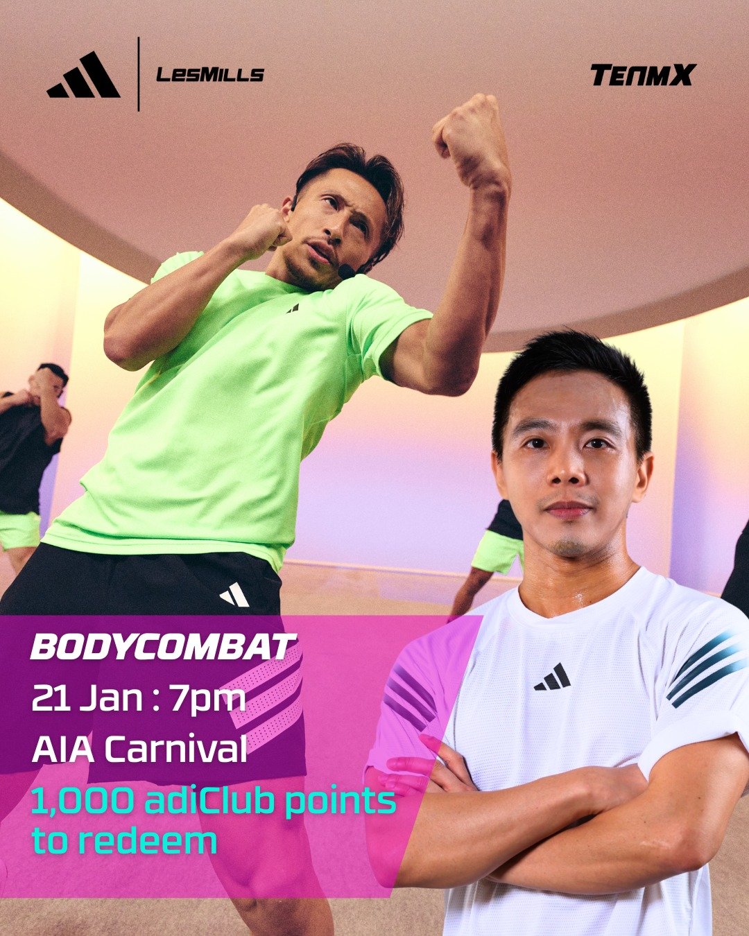 We're thrilled to bring our signature energy to AIA Carnival! TeamX is partnering with adidas to deliver exclusive fitness classes at the Henderson Land Community Arena. 
我們非常興奮能將TeamX的活力帶到友邦嘉年華！TeamX與adidas攜手合作，於恒基兆業地產社區舞台舉辦獨家健身課堂。

BODYCOMBAT with 