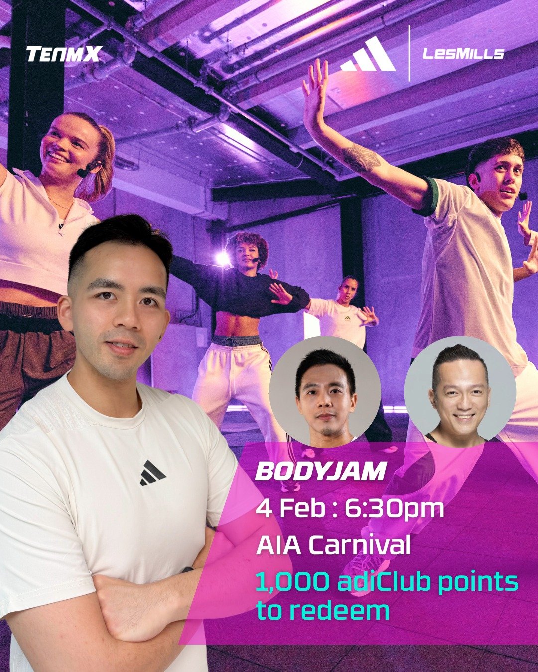 🎪 SURPRISE ANNOUNCEMENT: TRIPLE INSTRUCTOR POWER! 🎪

Remember how EPIC Alan's BodyCombat was at AIA Carnival? Get ready for an even MORE incredible experience at BodyJam on 4 FEB! 🔥
還記得 Alan 在 AIA 嘉年華的 BodyCombat 有多震撼嗎？2月4日 BodyJam 將會更加精彩！🔥

SAM 