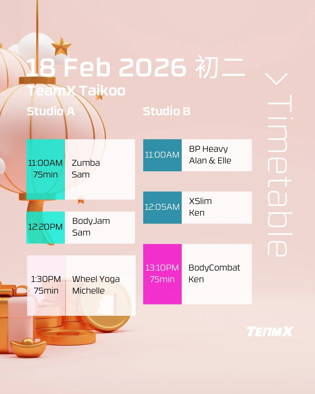 🧧 CHINESE NEW YEAR HOLIDAY SCHEDULE 🧧
🐴 新年假期安排 🐴
Wishing all our TeamX family a prosperous Year of the Horse! Here's our CNY schedule:

🔴 CLOSED | 休息
Feb 17 (Day 1) - All locations | 2月17日（年初一）- 所有分店

🟢 TAIKOO OPENS | 太古店營業
Feb 18 (Day 2) onwar