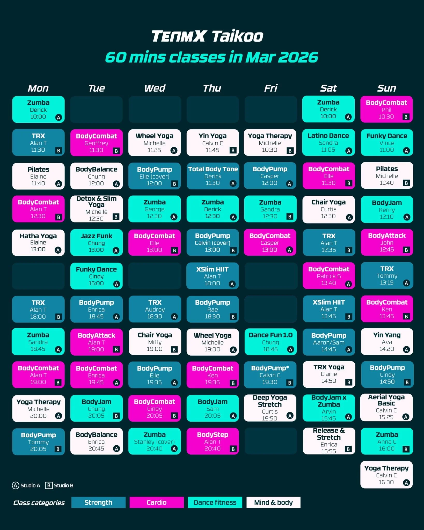 🗓️ MARCH TIMETABLE: New Instructors, Same Fire! 🔥
Get ready for some exciting changes this March!

TAIKOO:
🕺 SUNDAYS 11am - Funky Dance with VINCE
Ready to get your groove on? Vince brings the coolest moves and the sweatiest sessions! Perfect Sund