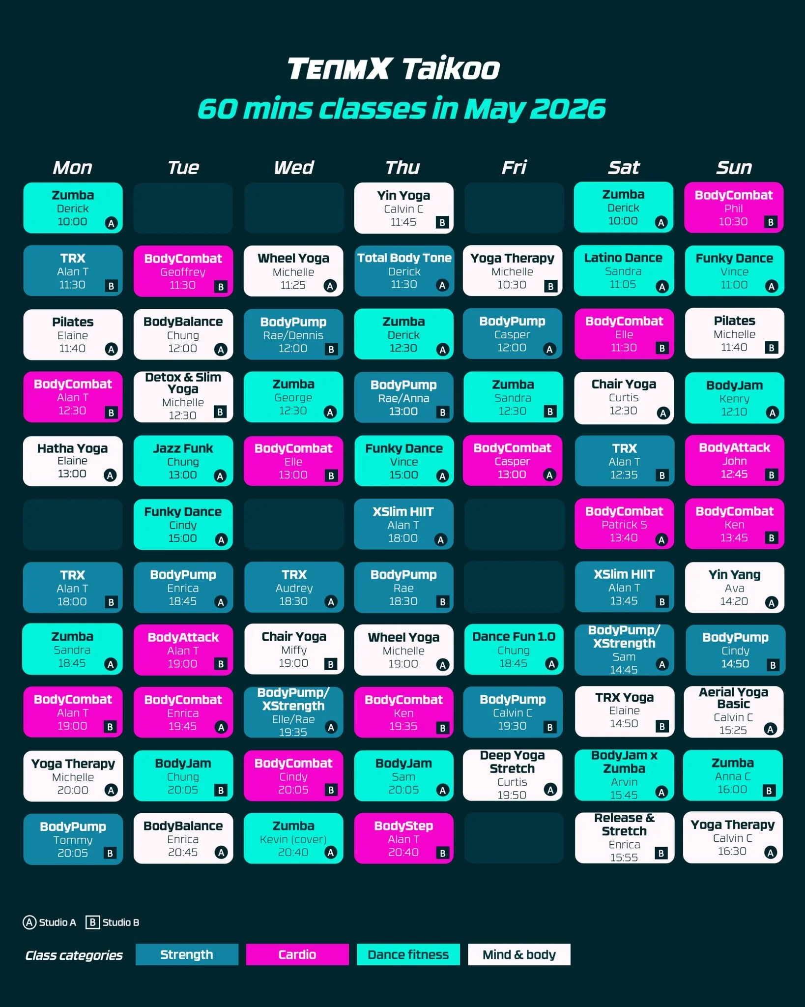 Your May fitness journey starts here! 🗓️⚡️
We are thrilled to unveil our full regular class timetable for May 2026 across both TeamX Taikoo and TeamX x Art Piece. Whether you&rsquo;re looking to crush a cardio goal, build raw strength, or find your 