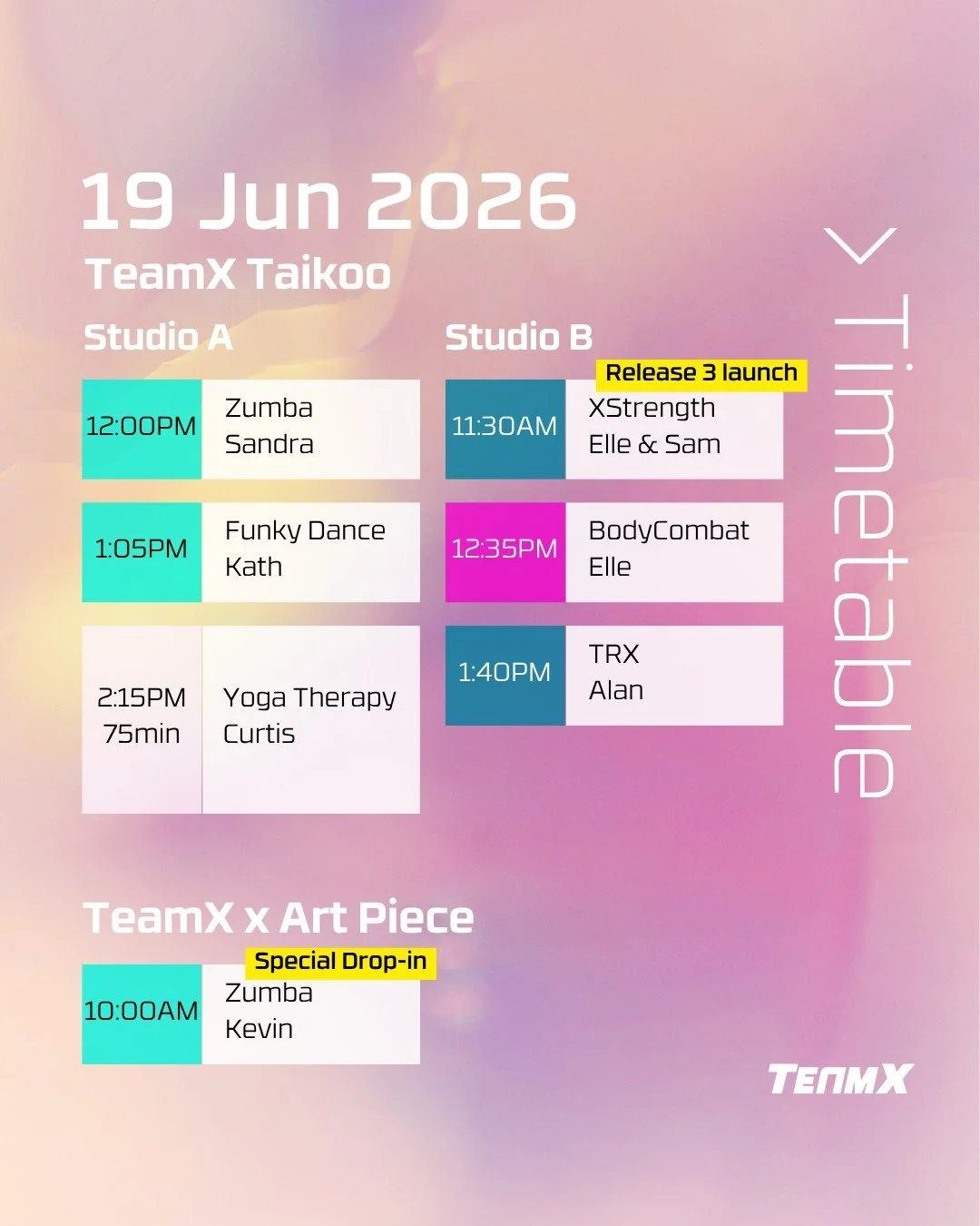 Public holiday? We've already sorted your day. 🗓️
Three dance classes. One holiday. The math is simple.

Kevin starts the party at Art Piece (10:00am), Sandra keeps it going at Taikoo (12:00pm), and Kath closes the dance floor with Funky Dance (1:05