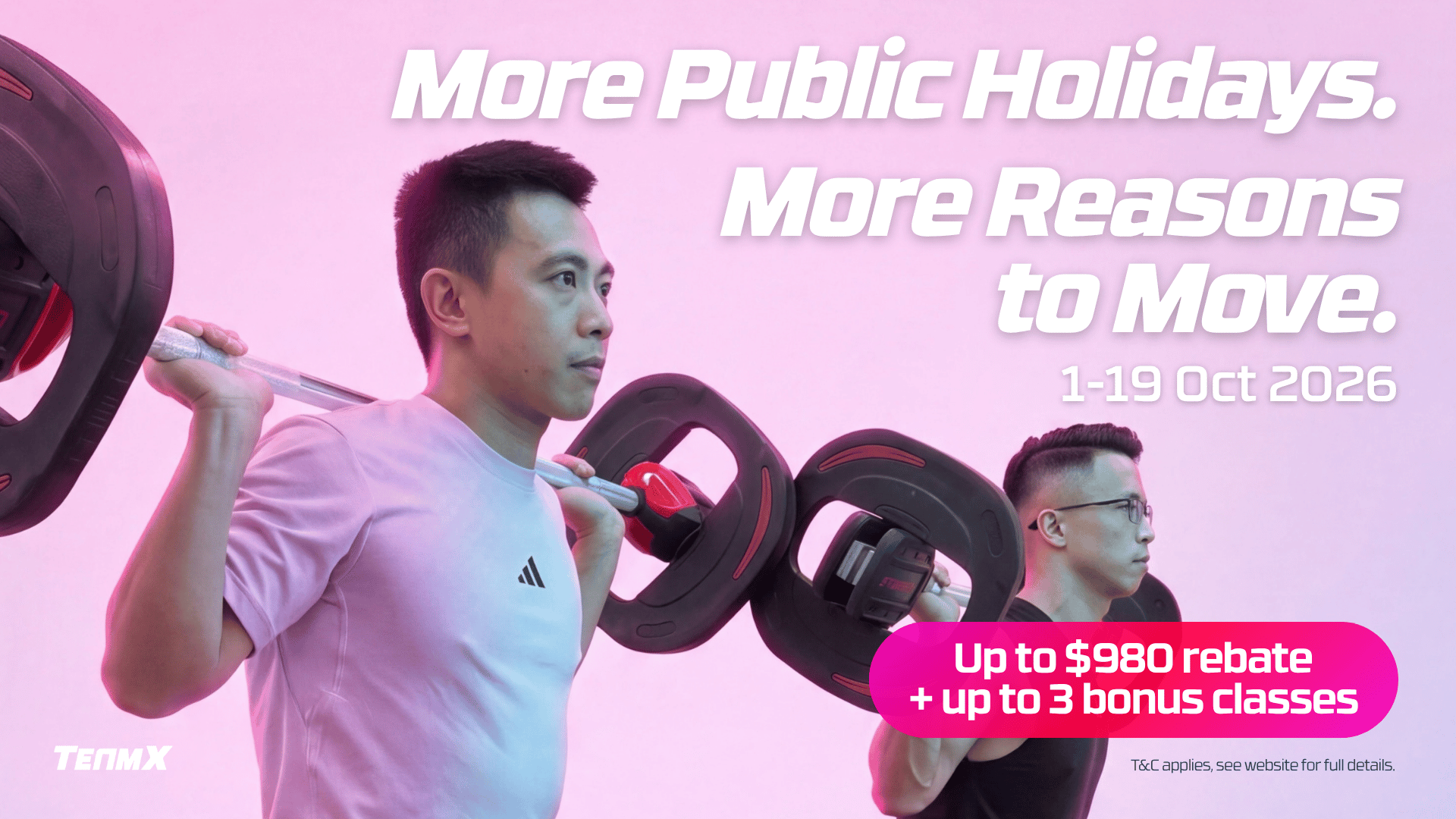 Two TeamX instructors lifting barbells during the More Public Holidays More Reasons to Move promotion.