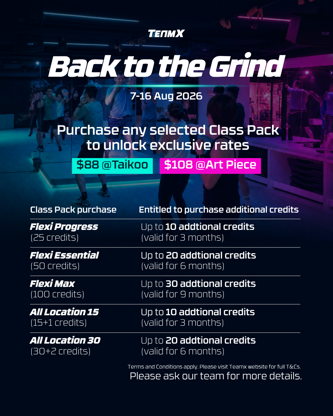 TeamX Back to the Grind Sale 7–16 Aug 2026. Additional class credit rates: $88 at Taikoo, $108 at Art Piece.