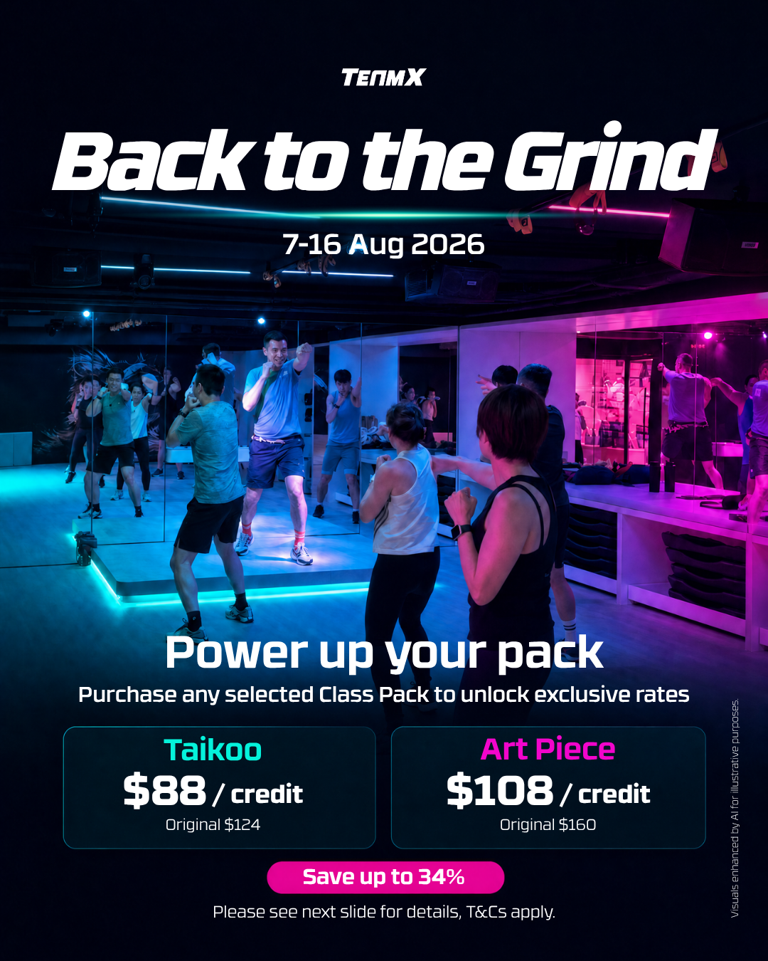 Promotional poster for TeamX's Back to the Grind Sale. Background shows a real group fitness class in session at TeamX Art Piece, Causeway Bay, with neon cyan and hot pink lighting. Text reads: TeamX Back to the Grind. 7-16 Aug 2026.