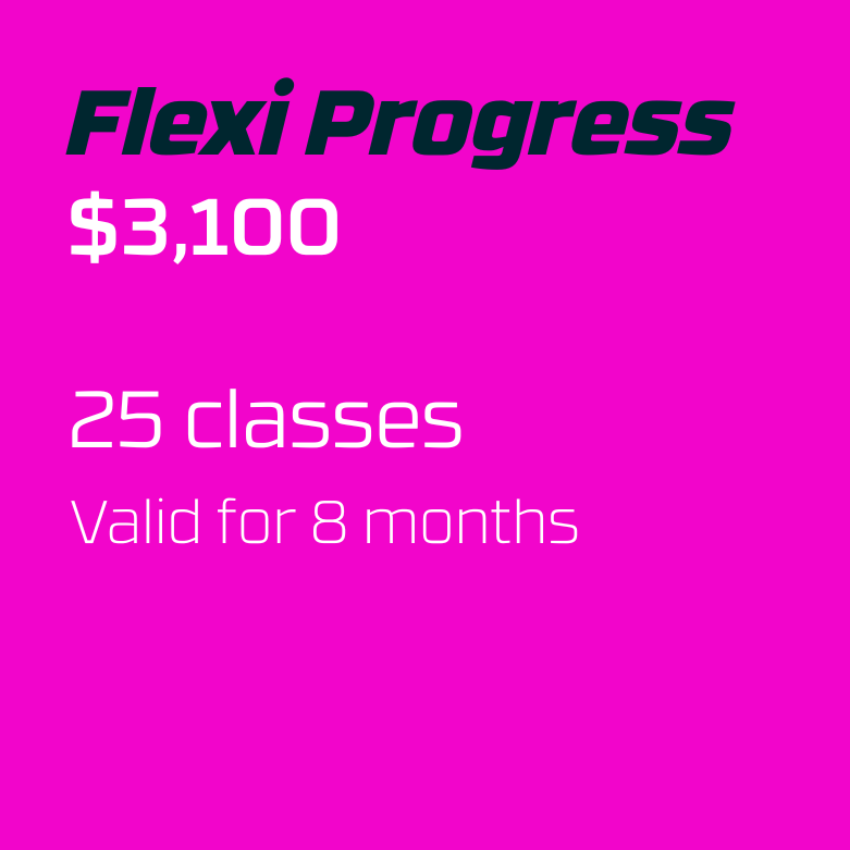 Pink background advertisement for Flexi Progress, priced at $3100, offering 25 classes valid for 8 months.