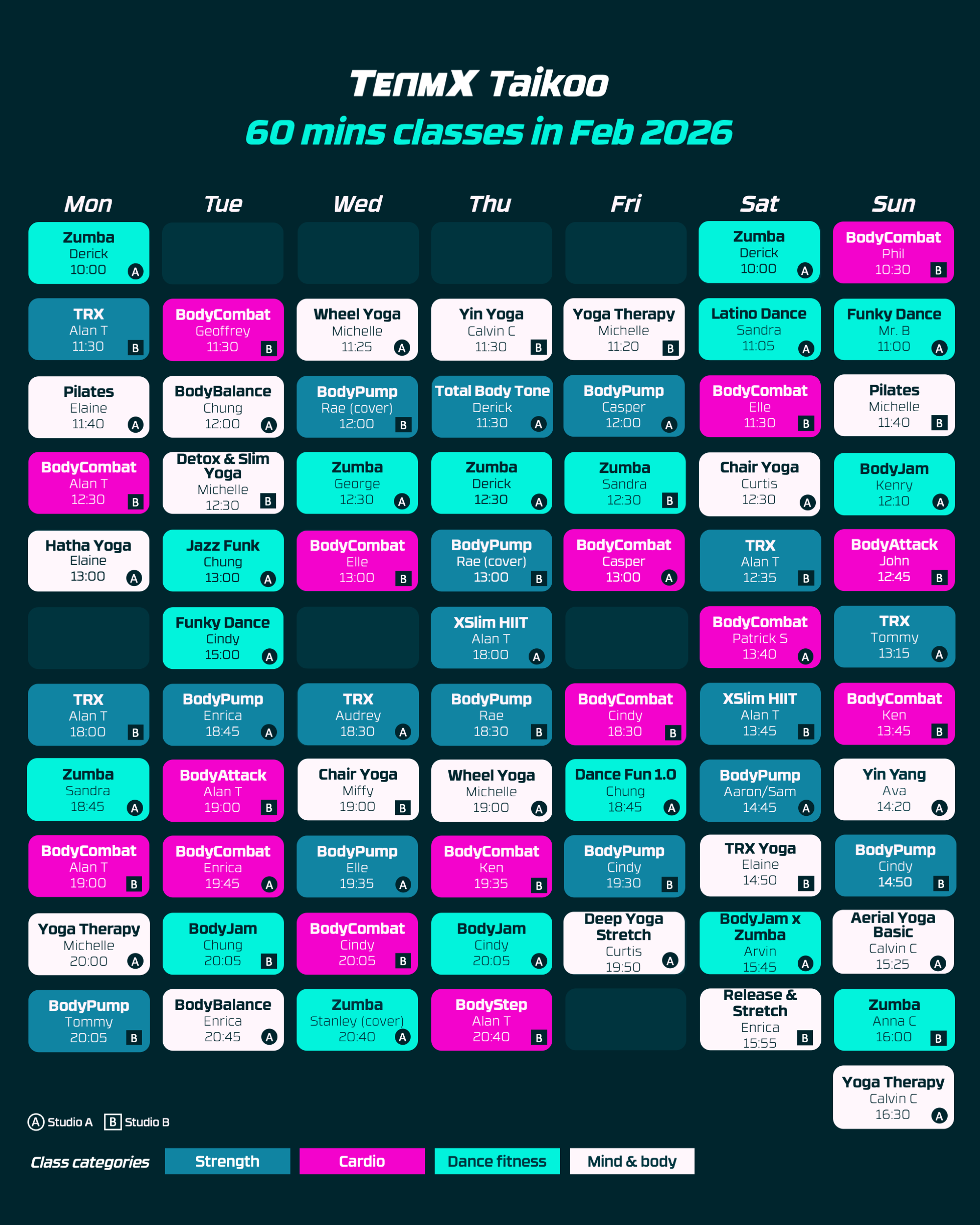 Weekly fitness class schedule for TeamX Taikoo in Feb 2026, listing strength, cardio, dance fitness, and mind & body classes from Monday to Sunday with times, instructors, and class types color-coded.
