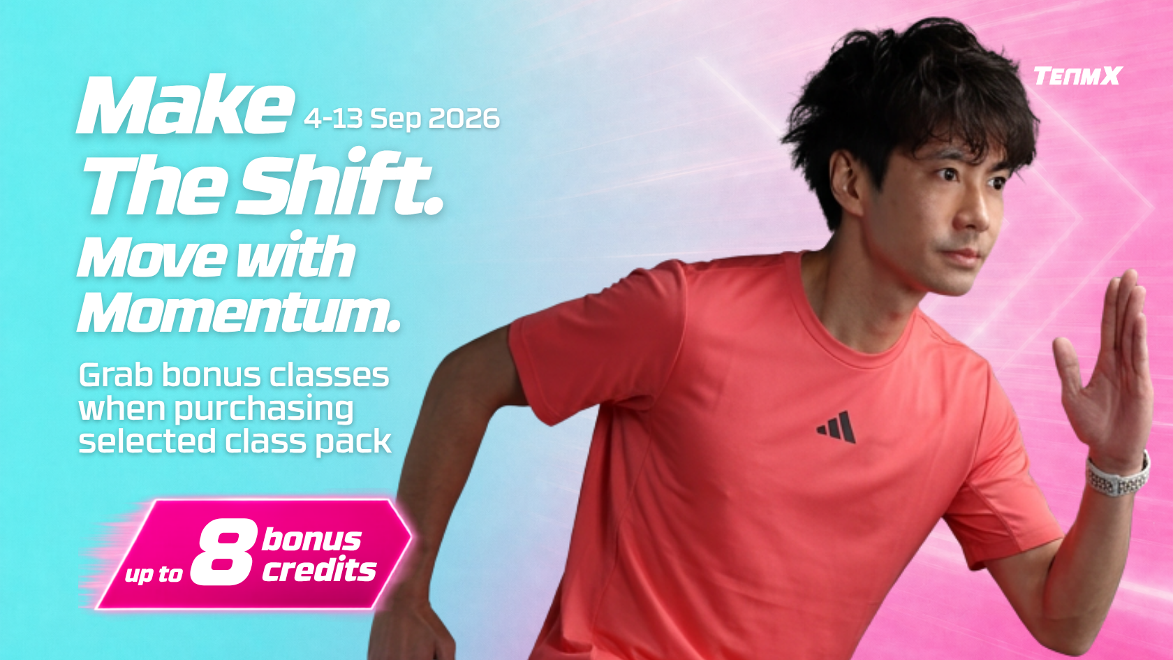 TeamX instructor in motion for the Make the Shift September promotion, offering up to 8 bonus credits on selected class packages from 4–13 September 2026.