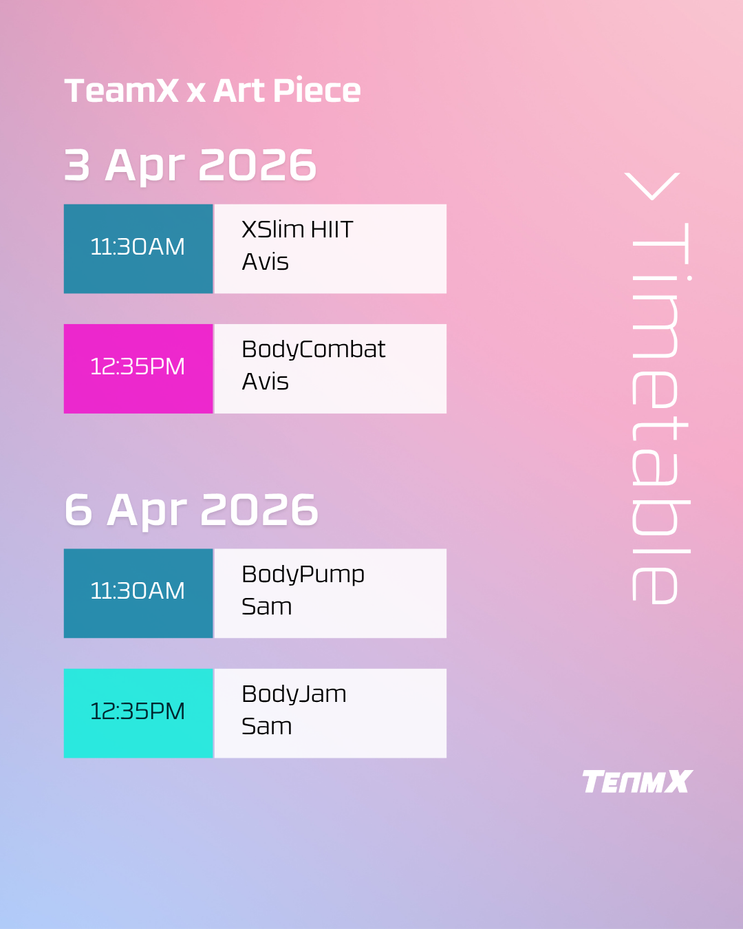 Easter holiday fitness schedule at TeamX Art Piece studio - April 3 & 6, 2026. BODYPUMP, BODYCOMBAT, strength training and yoga classes available during Easter Friday and Monday public holidays in Causeway Bay.