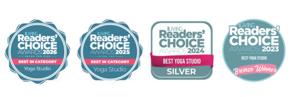 Living Readers’ Choice Award badges recognising TeamX as Best Yoga Studio in 2023, 2024, 2025 and 2026.