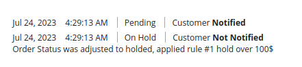  Order History entry for when a rule was applied 
