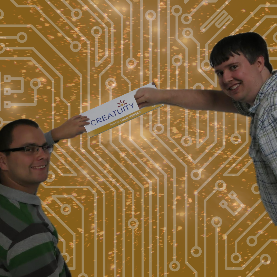 Creatuity company history graphic illustrating the founding story and partnership between two tech entrepreneurs