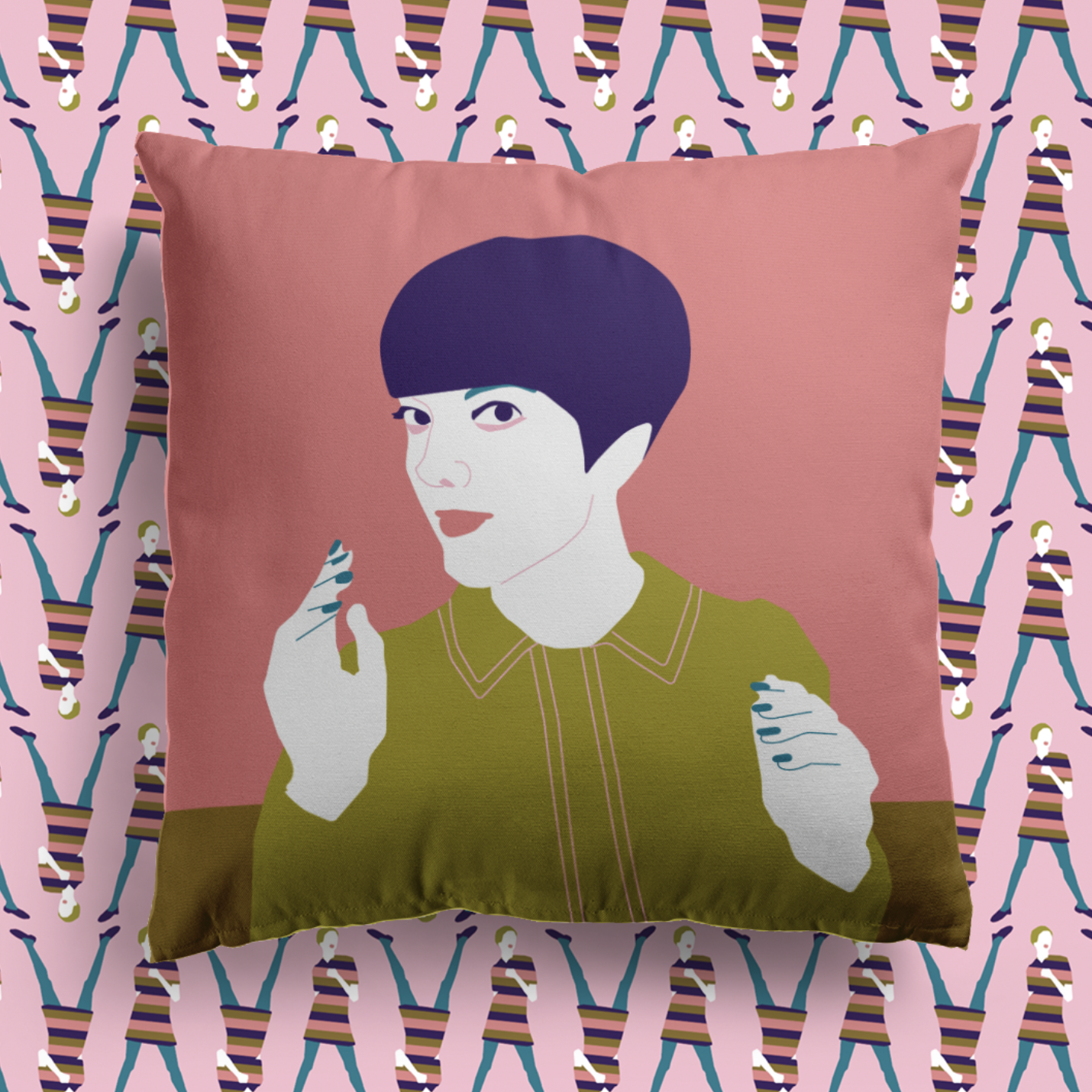 Pillow with an illustraited portrait of famous fashion designer Mary Quant